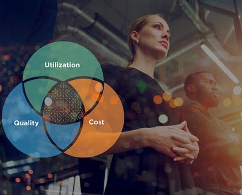 Image of business leaders with venn diagram illustrating the point where Quality, Utilization and Cost converge