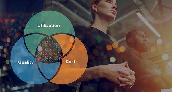 Image of business leaders with venn diagram illustrating the point where Quality, Utilization and Cost converge