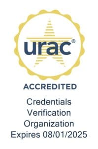 URAC-accredited seal with a blue "urac" logo over a yellow star, surrounded by a yellow scalloped border. Text reads “Accredited Credentials Verification Organization. Expires 08/01/2025.”