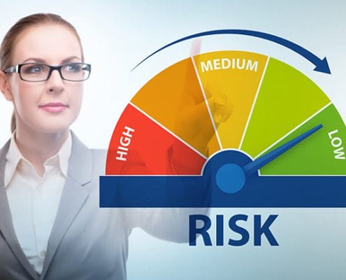 woman in suit pointing to chart of Risk High Medium Low