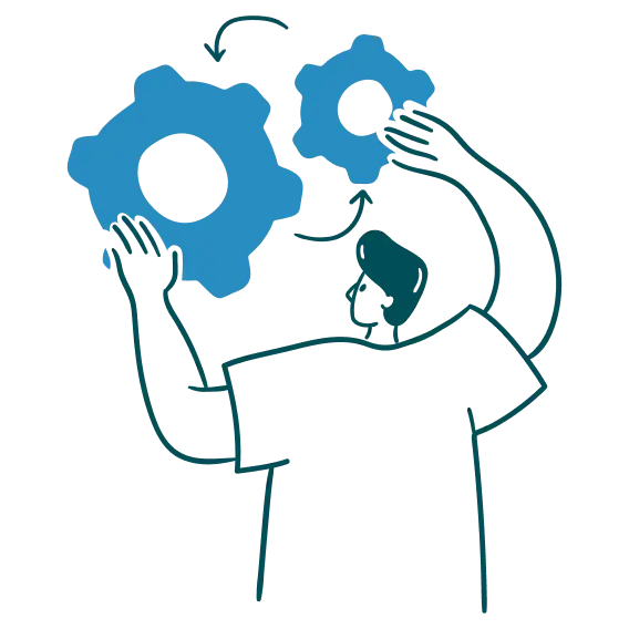 Art-Change-Streamline-Brooklyn A stylized illustration of a person lifting two blue gear icons above their head, suggesting a theme of engineering or problem-solving.