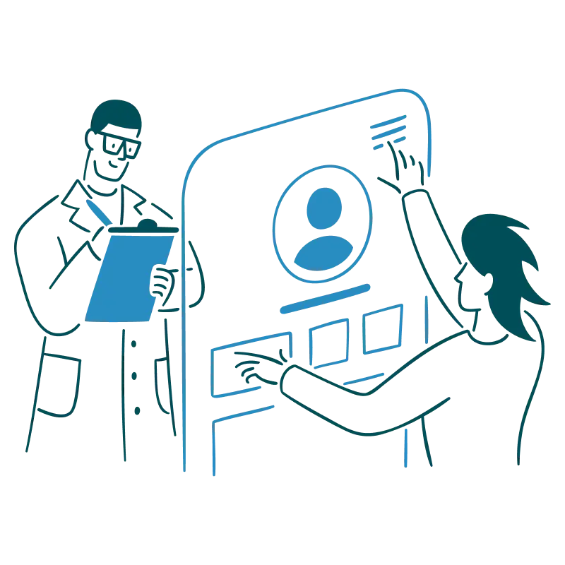Interface-Testing-3--Streamline-Brooklyn 1 Illustration of two figures interacting with a digital interface; one is holding a clipboard, while the other is pointing at a screen displaying a user profile and pushing buttons.