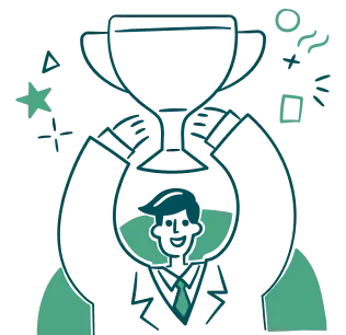 Trophy-1--Streamline-Brooklyn 1 Illustration of a person in a suit standing inside a large trophy being held by two hands, surrounded by geometric shapes and stars.