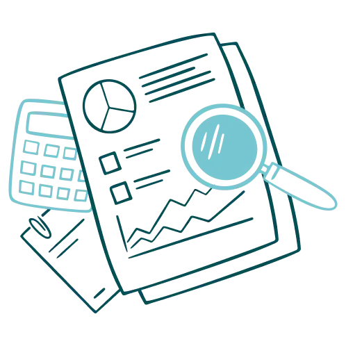 Art-Audit Illustration of paperwork with a magnifying glass and calculator, showing charts and graphs.