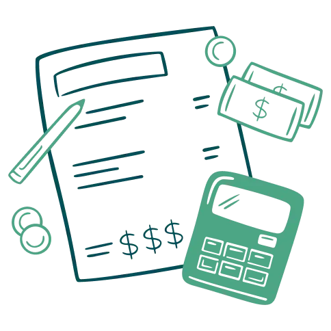 Art-Computing-Taxes Illustration of financial documents, a calculator, and cash, representing financial management or accounting.