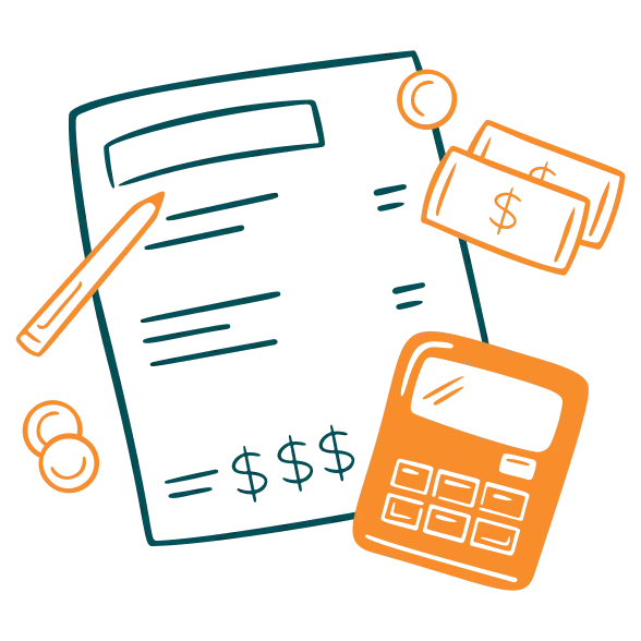 Art-Computing-Taxes Illustration of financial documents, a pencil, coins, dollar bills, and a calculator, symbolizing financial planning.