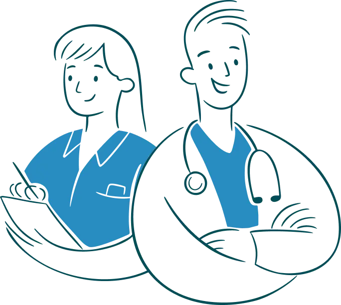 Art-Doctor-Nurse Illustration of two medical professionals standing, one holding a clipboard and the other with a stethoscope around their neck.