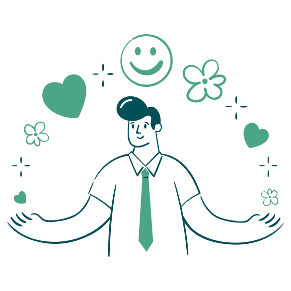 Art-Happy-Welcome Illustration of a person in a tie juggling various symbols including a heart, smiley face, and flowers, depicting a balanced lifestyle or positive mindset.