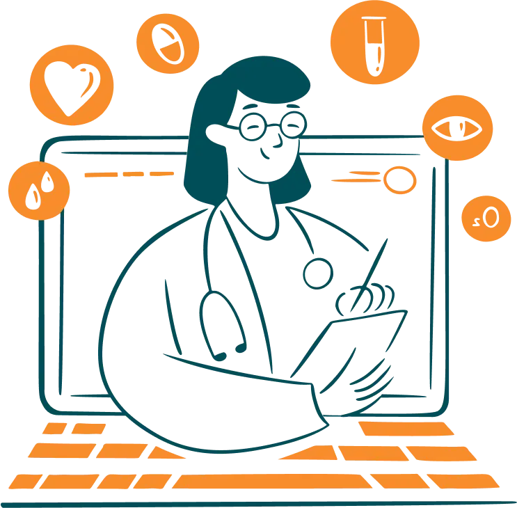 Art-Health-online-consultation Illustration of a doctor sitting in front of a laptop screen, taking notes with various medical icons floating around.