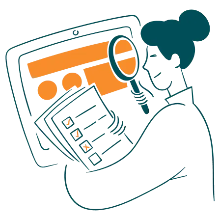 Art-Interface-Testing Illustration of a person analyzing data on a screen using a magnifying glass.