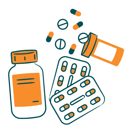 Art-Medicine Illustration of an orange pill bottle, a blister pack of pills, and loose tablets scattered around.