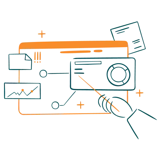 Art-Projection Abstract illustration depicting digital design elements, including a camera lens, electronic components, and geometric shapes, connected by lines and symbols.