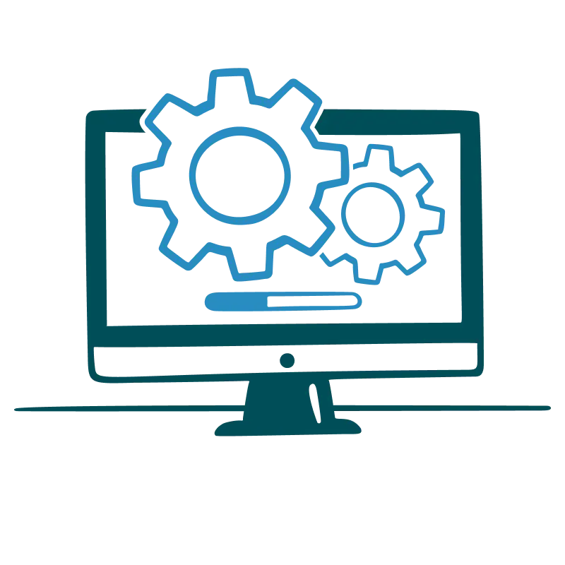 Art-Updates Illustration of a computer monitor displaying two gears, symbolizing software configuration or settings adjustment.