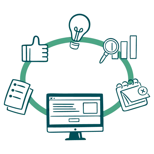 Art-Workflow A circular diagram featuring a computer screen at the bottom center, surrounded by icons including a thumbs up, light bulb, magnifying glass with a bar chart, a calendar, and a book, representing various aspects of a process or workflow.