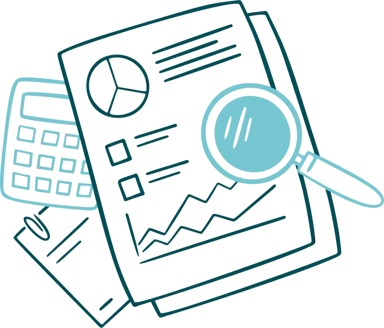 Art-finance-audit Illustration of a calculator, a document with a pie chart and line graph, and a magnifying glass overlaying the document, symbolizing financial analysis or auditing.