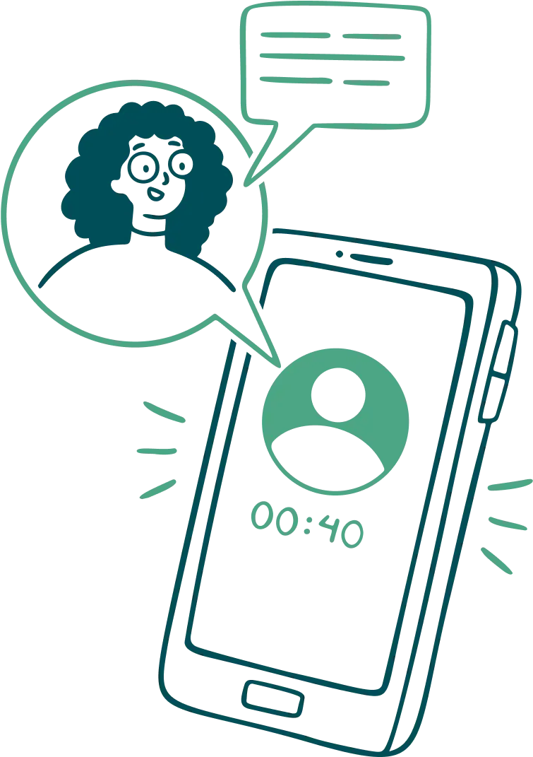 An illustration showing a smartphone displaying a caller ID with a circular profile picture and a timer indicating '00:40'. A speech bubble with a character, depicted with curly hair and glasses, is shown above the phone, indicating a conversation is taking place.