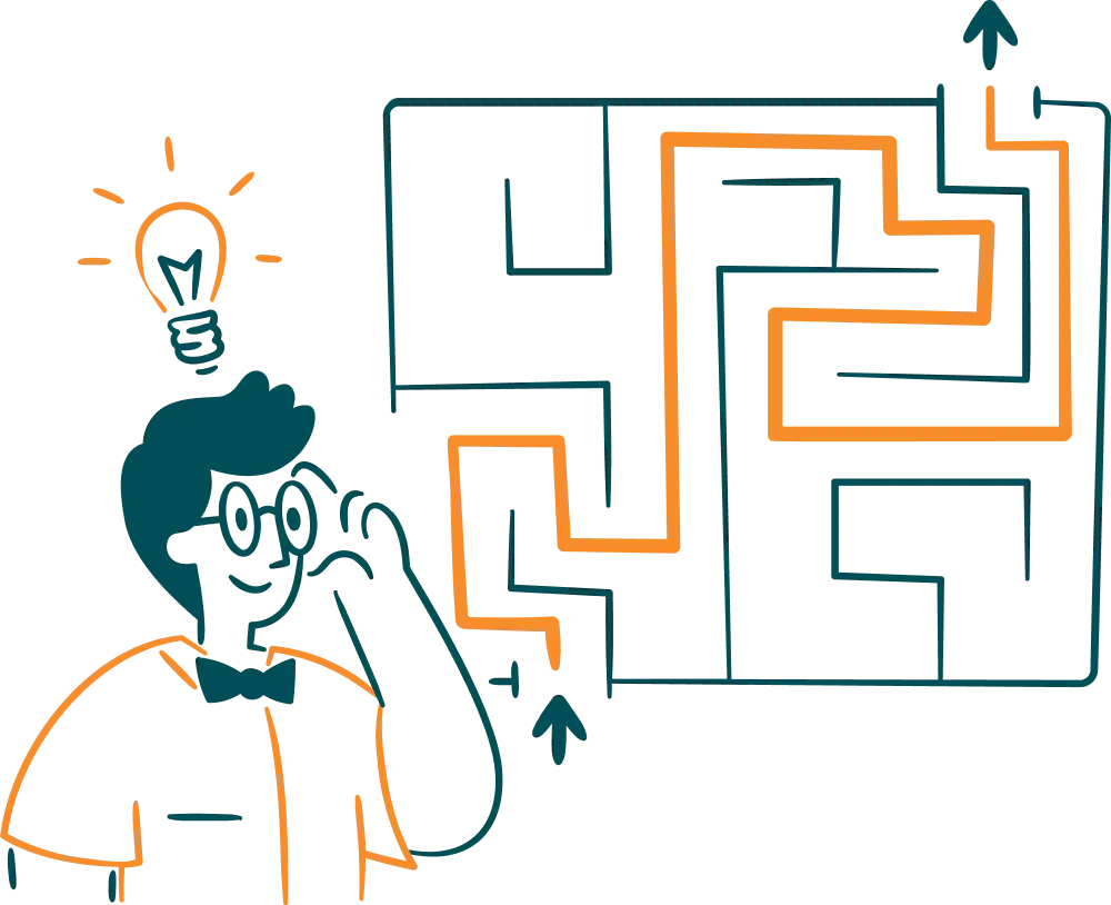 Solving-Problem A cartoon figure with a light bulb above their head, indicating an idea, stands next to a maze with the successful path highlighted in orange.