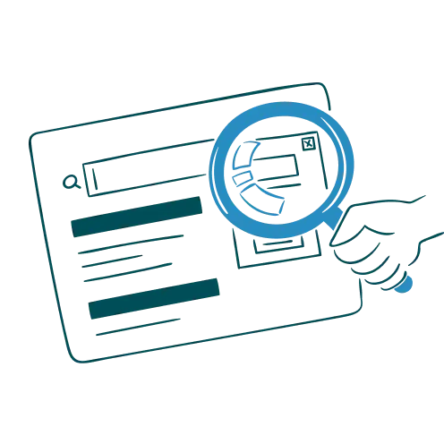 Art-Blue-Analyze-Data-2 An illustration of a hand holding a magnifying glass over a document, highlighting a section of text, suggesting an inspection or analysis process.