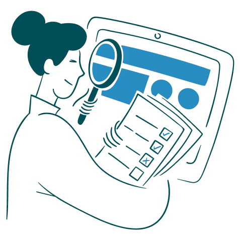 A simplified graphic illustration of a person with a bun hairstyle holding a clipboard and magnifying glass, looking at a computer screen displaying various icons and shapes.