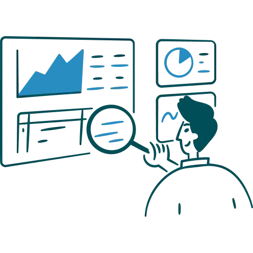 Illustration of a person analyzing data on multiple screens, one showing a rising line graph and another with a pie chart.