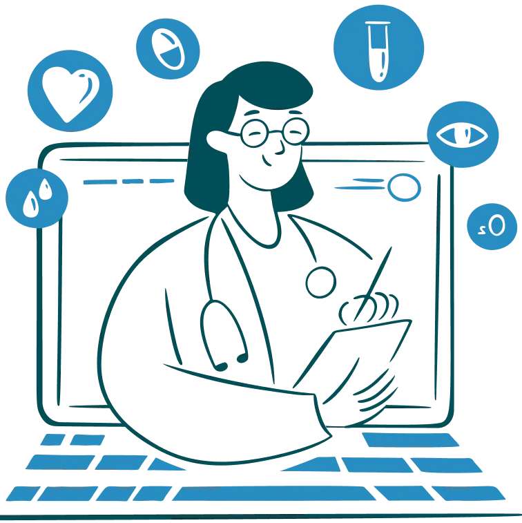 Art-Blue-Evaluate-Performance A digital illustration of a female doctor with glasses, wearing a white coat and holding a clipboard, sitting in front of a computer screen. Various medical symbols, such as a heart, test tube, and eye, are floating around her.
