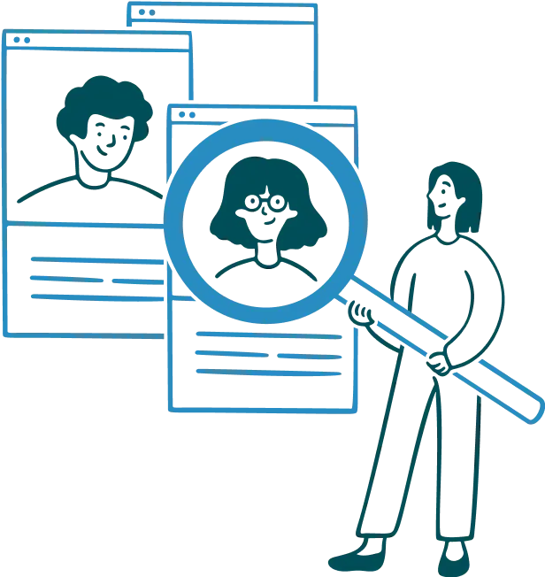 Illustration of a person holding a large magnifying glass focused on a profile picture of a woman among several online profiles, representing candidate screening or profile review.