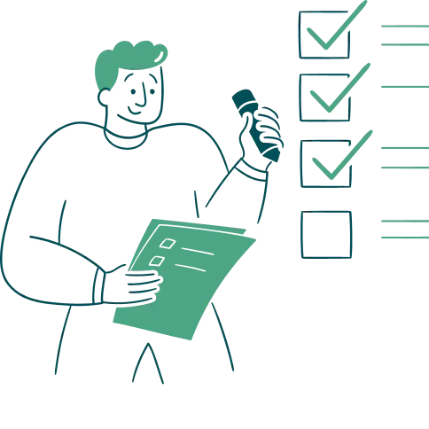 A simplified illustration of a person holding a checklist with three checked boxes, looking at the list thoughtfully.