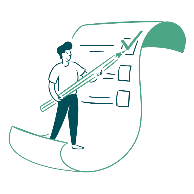 Art-Green-Computing-Taxes-2 An illustration of a person standing next to a checklist, marking items on it with a large pencil.