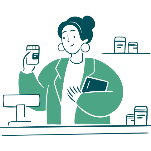 Illustration of a pharmacist standing at a counter holding a medication bottle, with shelves of medicine behind them.