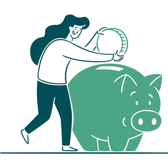 Art-Green-Computing Illustration of a person holding a large coin above a giant piggy bank.