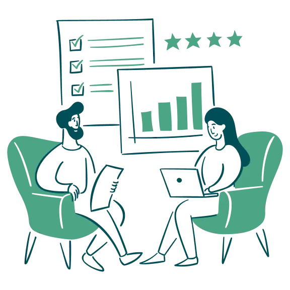 Art-Green-Evaluate-Performance-Employee-2 Illustration of two people sitting in chairs with laptops, surrounded by icons representing checklists, a bar chart, and a three-star rating.
