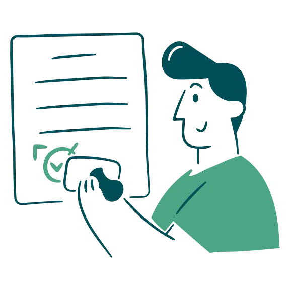 A cartoonish illustration of a person wearing a cap, smiling, and holding a pen to sign a document with lines of text on it.