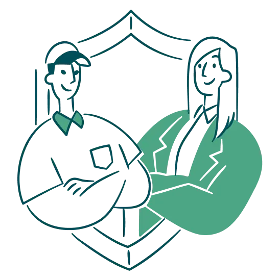 Illustration of a man and a woman standing side by side, each with a confident expression. The man has short hair and is wearing a collared shirt, while the woman has long hair and is dressed in a blazer. They are framed by a stylized shield shape in the background.