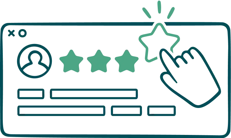 Art-Green-Leave-Review Illustration of a user rating interface with four solid stars and one outlined star being selected by a hand cursor, alongside a user profile icon and text lines representing review content.