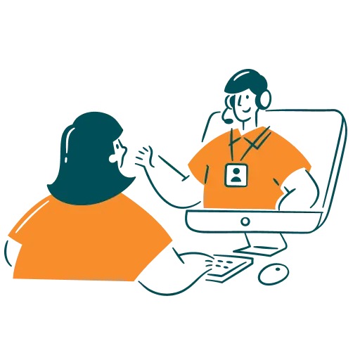 A person with long hair is sitting in front of a computer, while another person, wearing an orange shirt and a badge, is gesturing as if explaining something.