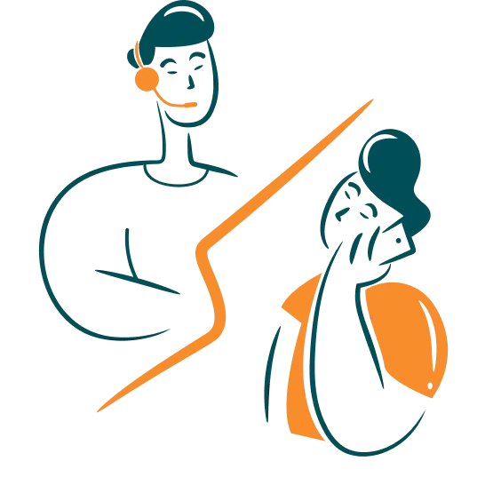 Stylized illustration of two people communicating via phone, represented by figures with blue hair and orange accents, separated by a jagged line.