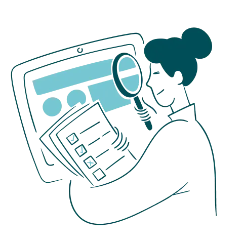 A stylized illustration of a person holding a notepad and a magnifying glass, intently analyzing data displayed on a computer screen.