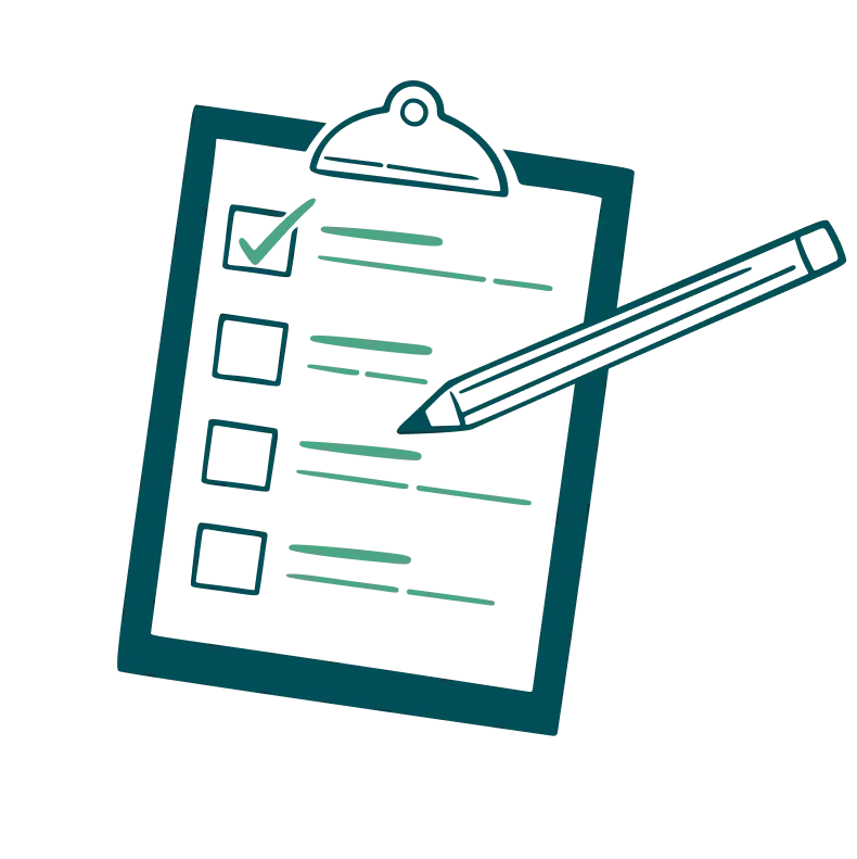 Art-Slate-Task-List A teal-colored clipboard with a checklist, featuring a checked box, several empty boxes, and a pencil positioned diagonally across the clipboard.