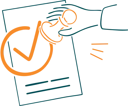 all-in-one Illustration of a hand holding a stamp over a document with an orange check mark.