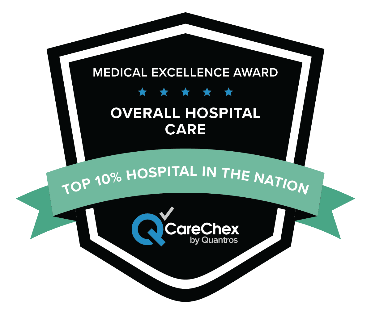 CareChex-Awards-Logo-No-Year CareChex by Quantros: Medical Excellence Award. Five stars. Overall Hospital Care. Banner: Top 10% Hospital in the Nation.